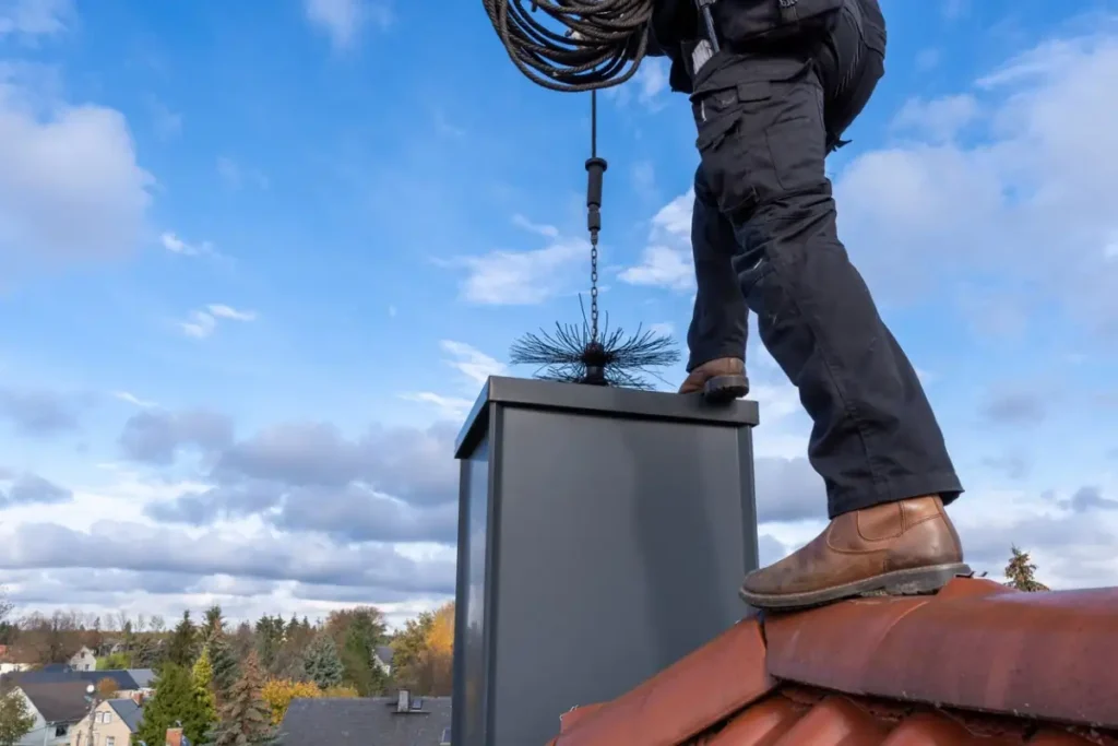Technician performing industrial chimney cleaning on a large facility exhaust stack to ensure safe and efficient operation.