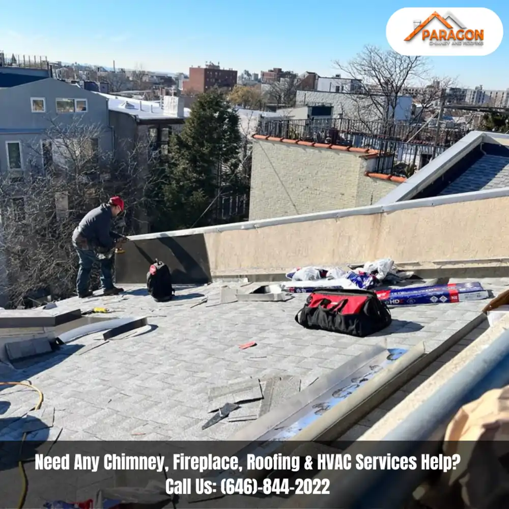 Roofing contractor performing professional roofing services on a residential rooftop in New York, with tools and materials prepared for installation.