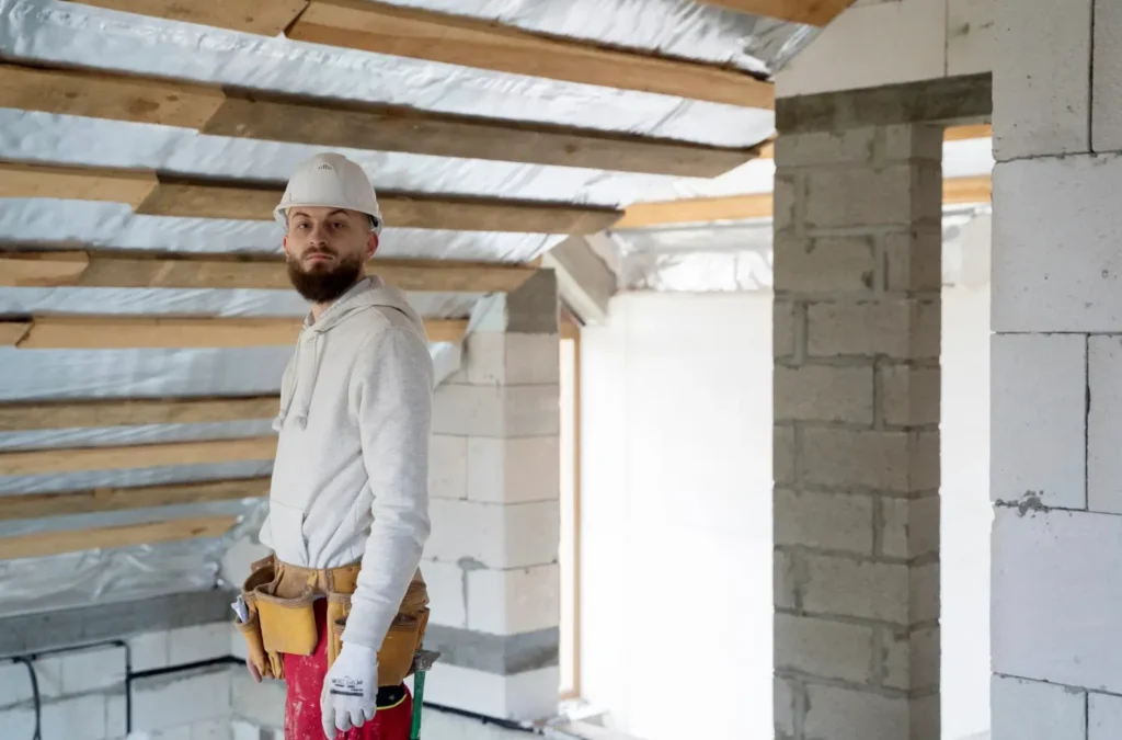 Professional roofing contractor Bushwick standing inside a partially constructed attic space.
