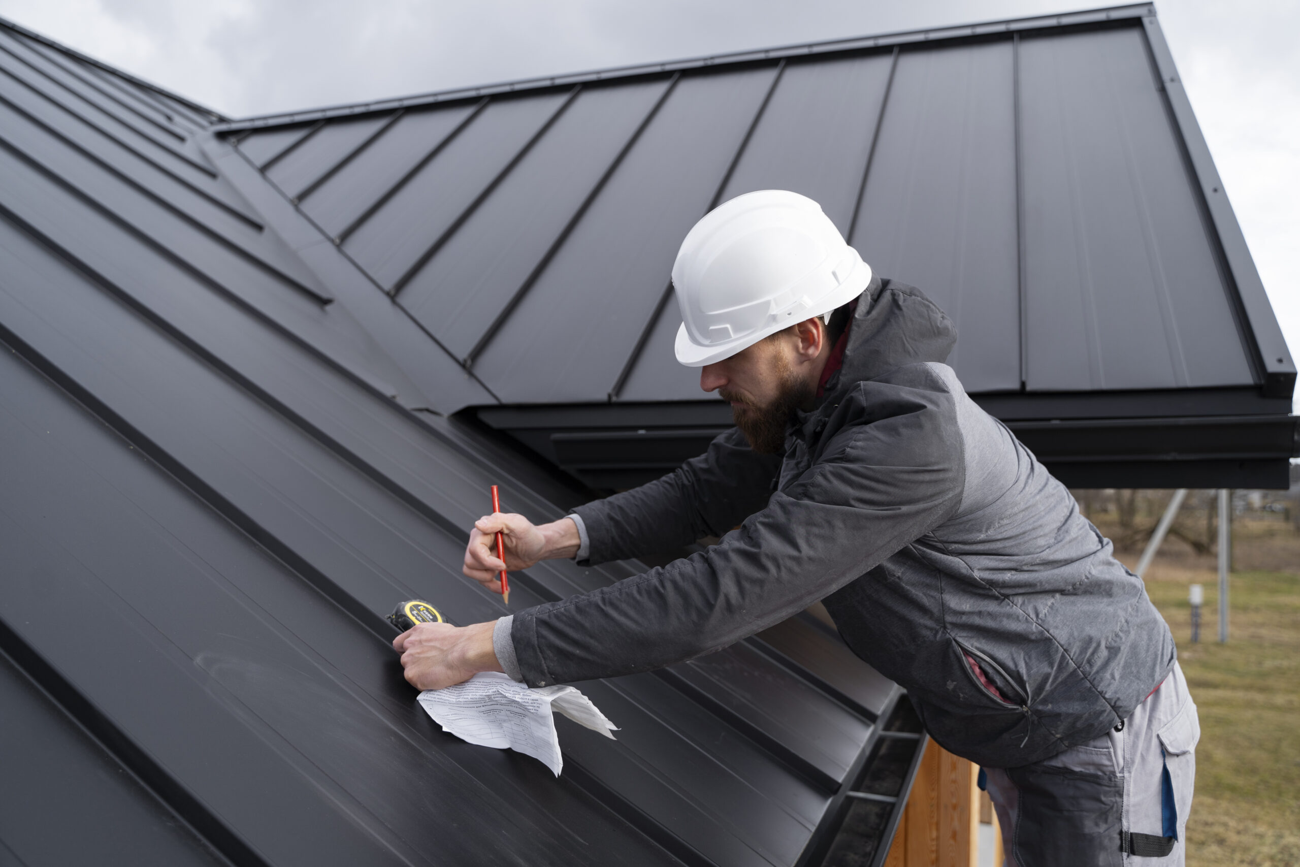 Roofing contractor checking metal roof for repair and maintenance roofing services
