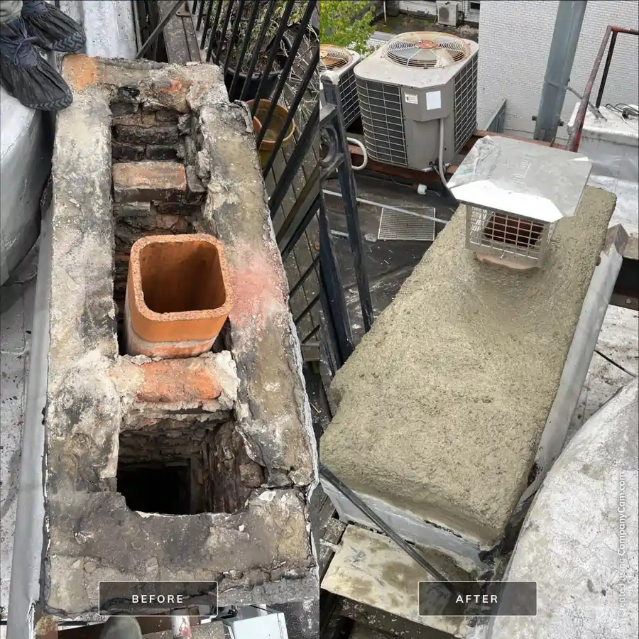 Before and after chimney repair showing structural restoration and new crown, boosting chimney home value.