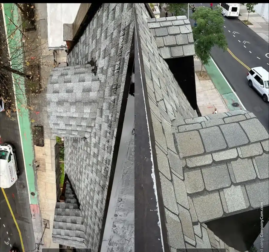A close-up view of a residential roof with architectural asphalt shingles, highlighting durability and typical asphalt shingles lifespan.