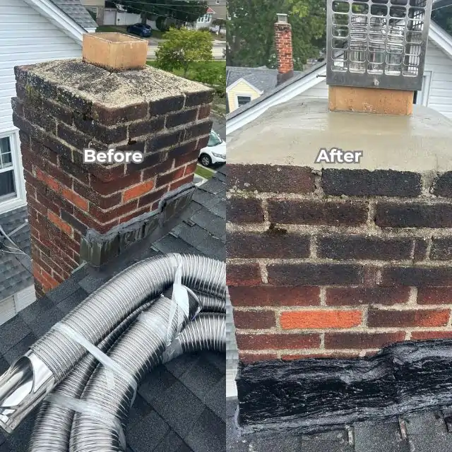 Before and after image showing chimney flues repair on a brick chimney, highlighting improved safety and weather protection.
