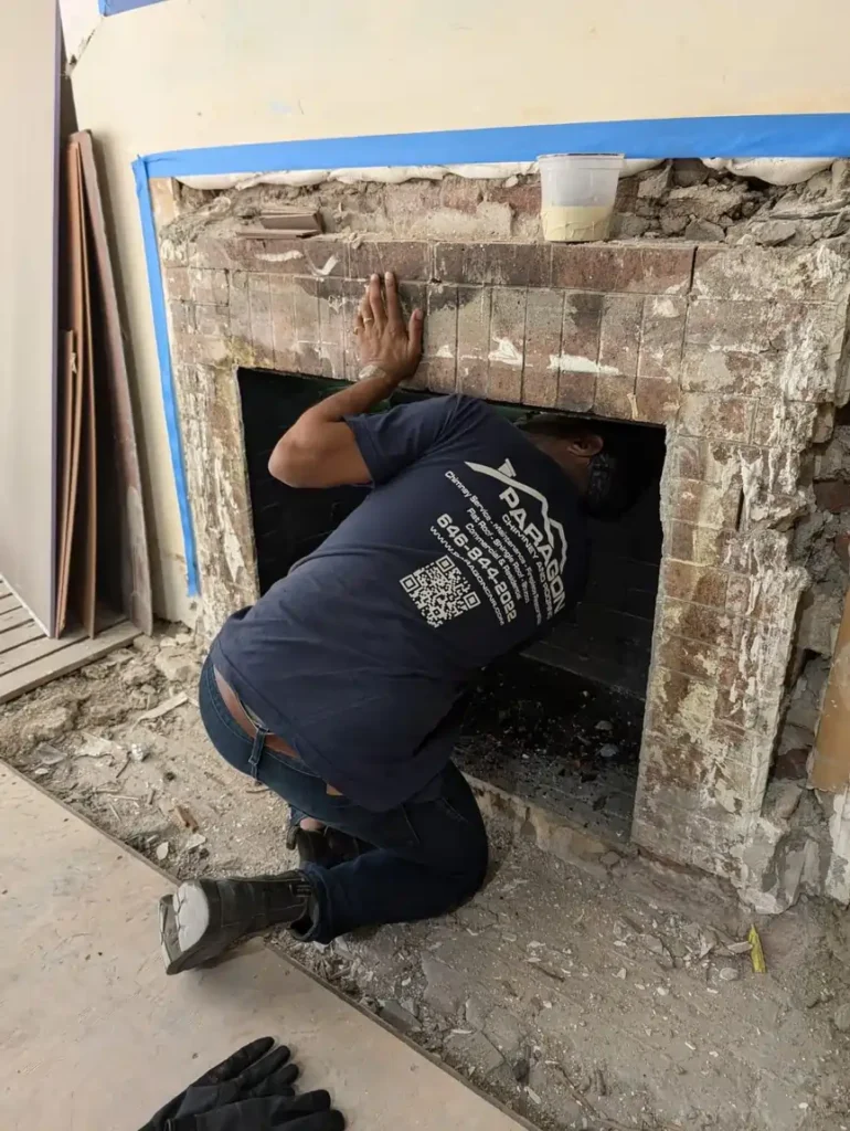 Technician inspecting a damaged fireplace structure during restoration, part of evaluating chimney repair cost for a residential property.