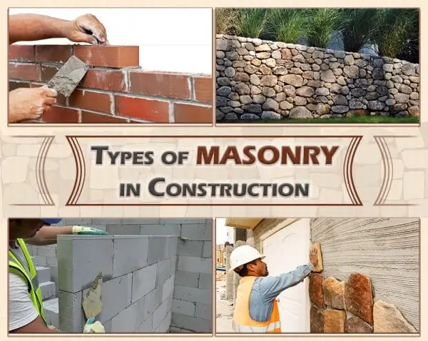 Various types of masonry in construction including brick, stone, concrete block, and veneer installations, showcasing common masonry techniques.