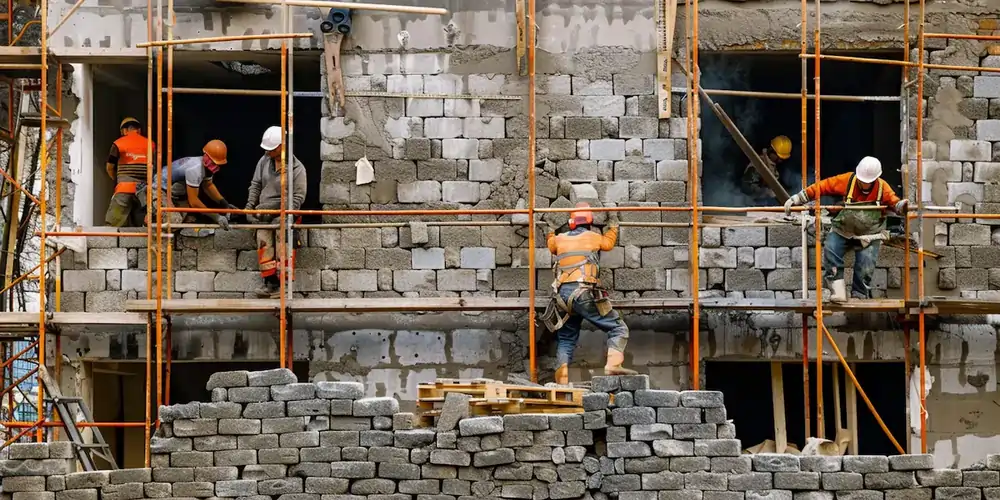 Construction workers building a masonry wall, illustrating masonry cost explanation in New York for residential and commercial projects.