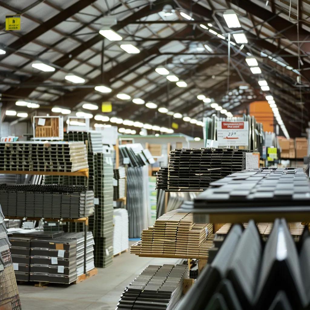 Variety of affordable roofing materials in a local hardware store, showcasing asphalt shingles, metal panels, and EPDM membranes