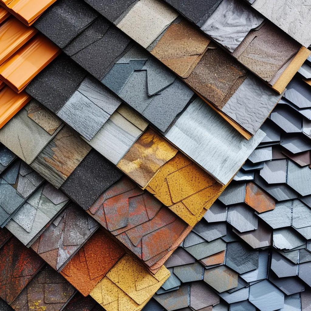 Variety of roofing materials including asphalt shingles, metal panels, and slate tiles for Brooklyn homes