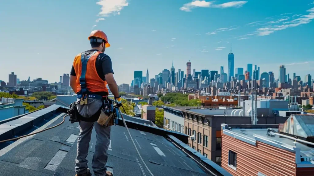 a skilled roofing professional meticulously installs premium roofing materials on a modern brooklyn rooftop, highlighting the urban skyline under a bright, clear sky.