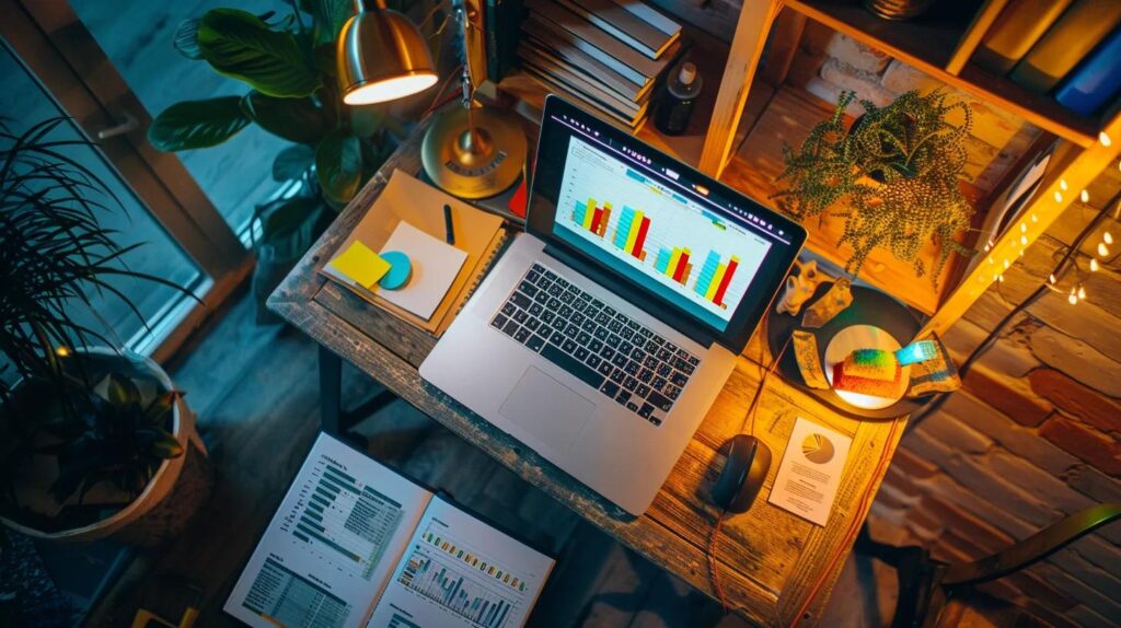 a detailed overhead shot of a modern office workspace, featuring a well-organized desk with a laptop displaying a colorful graph of roof repair costs, alongside an open notebook filled with pricing strategies, illuminated by sharp artificial lighting.