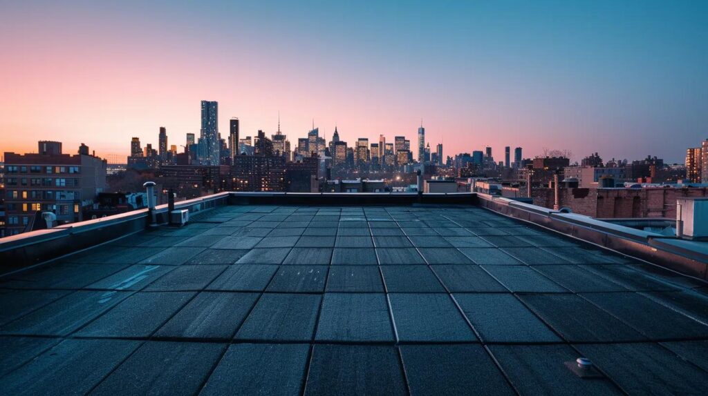 a dynamic rooftop scene in brooklyn showcases a diverse array of roofing materials, including sleek metal panels and textured shingles, with a city skyline glistening in the background under crisp, artificial lighting that highlights their unique textures and colors.