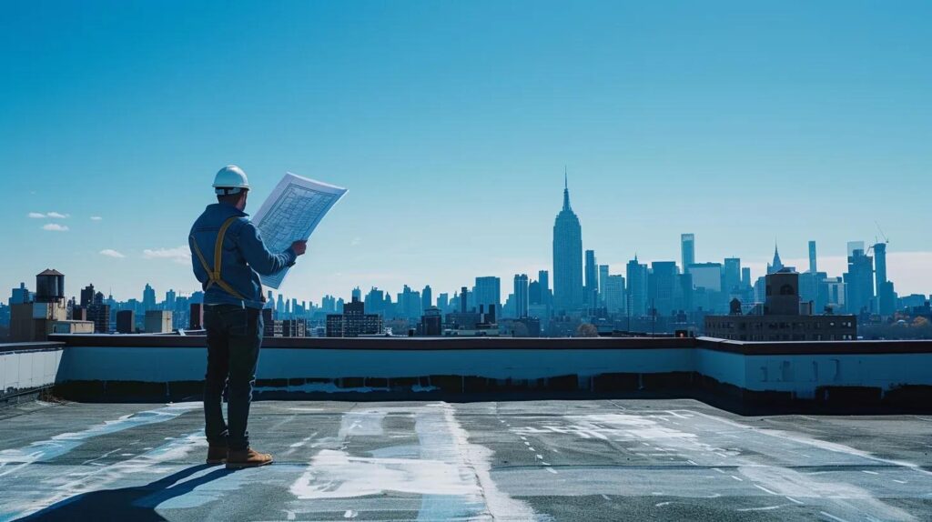 a professional roofing contractor examines a detailed blueprint on a sleek modern rooftop in brooklyn, showcasing a skyline backdrop with clear blue skies, emphasizing expertise in installation and maintenance.