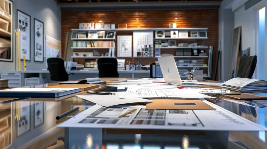 a well-organized roofing contractor's office features a sleek conference table surrounded by samples of roofing materials, blueprints, and high-tech tools, illuminated by bright led lights reflecting off polished surfaces, conveying professionalism and expertise in roof repair services.
