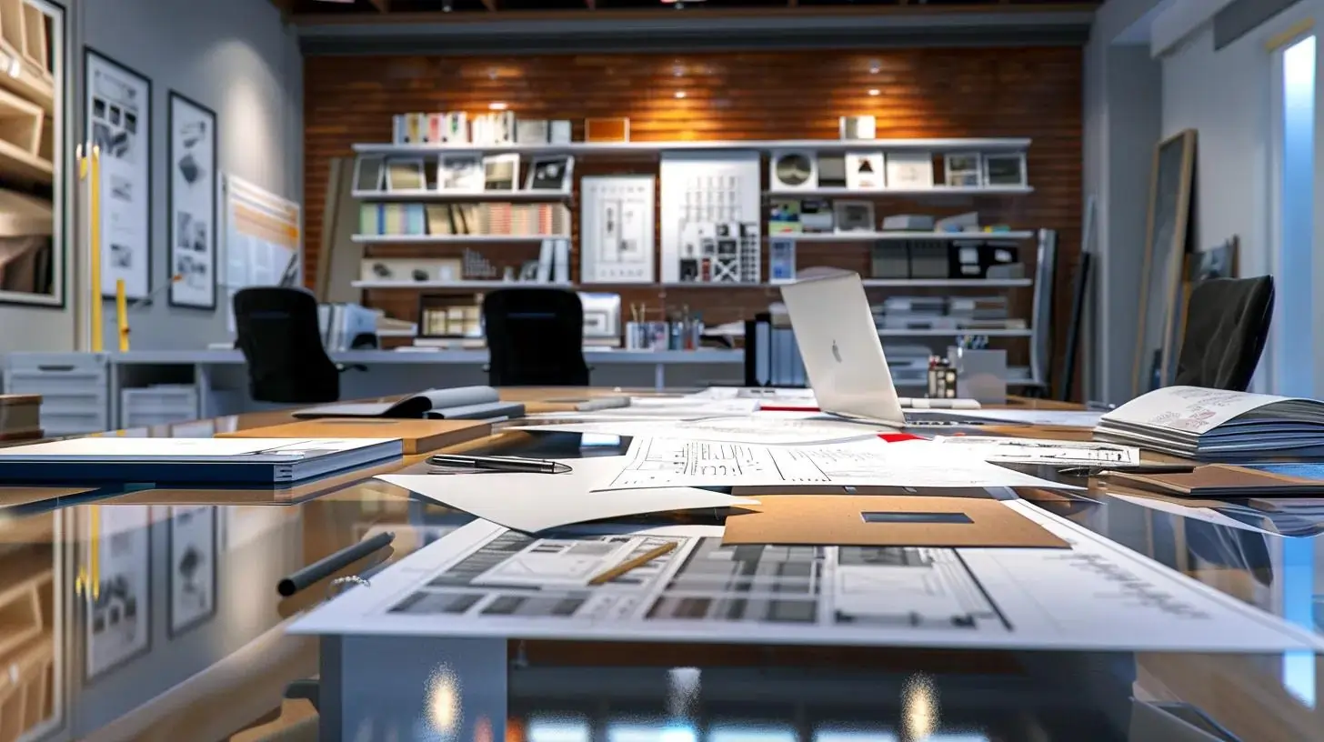 a well-organized roofing contractor's office features a sleek conference table surrounded by samples of roofing materials, blueprints, and high-tech tools, illuminated by bright led lights reflecting off polished surfaces, conveying professionalism and expertise in roof repair services.