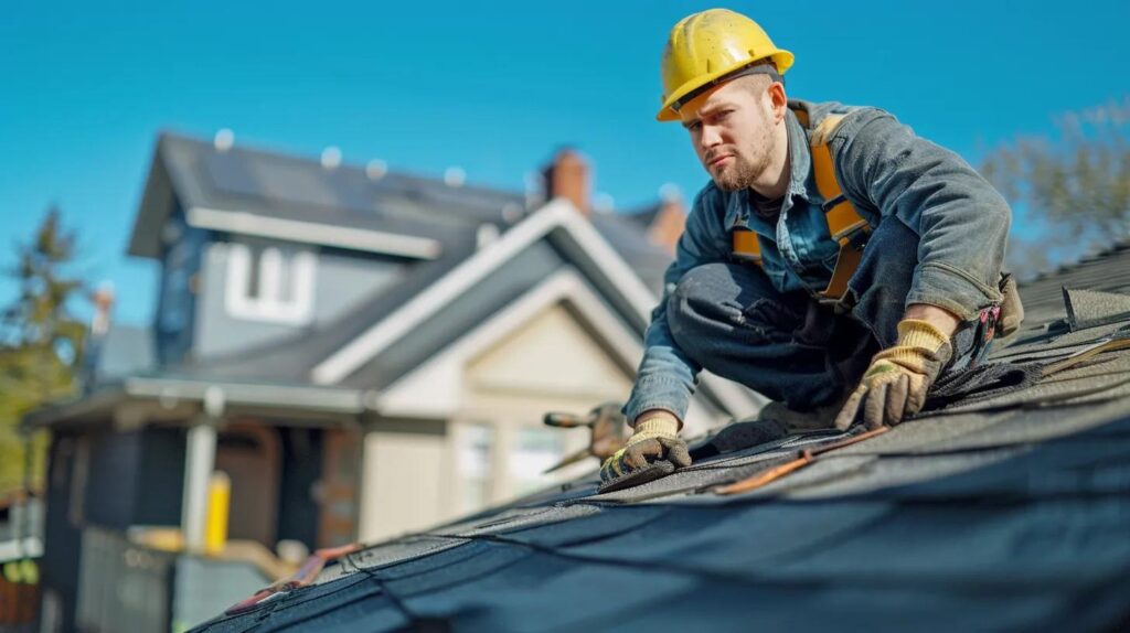a close-up view of a skilled technician inspecting a residential roof, equipped with tools and safety gear, set against the backdrop of an urban neighborhood under a clear blue sky.