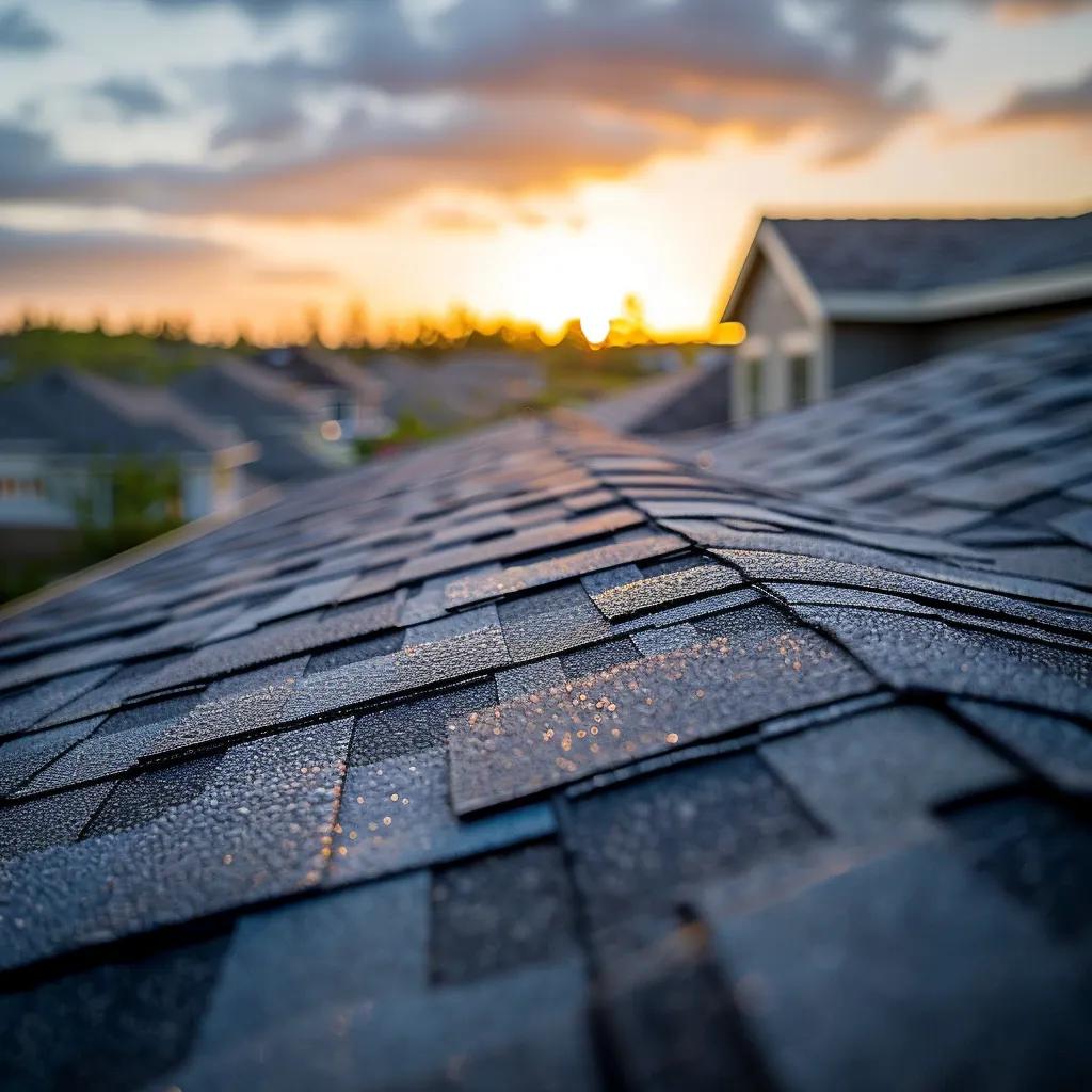 a close-up view of a well-maintained roof showcasing a variety of common issues like missing shingles and small leaks, set against a modern suburban home during golden hour, with warm light emphasizing the textures and details of the roofing materials.