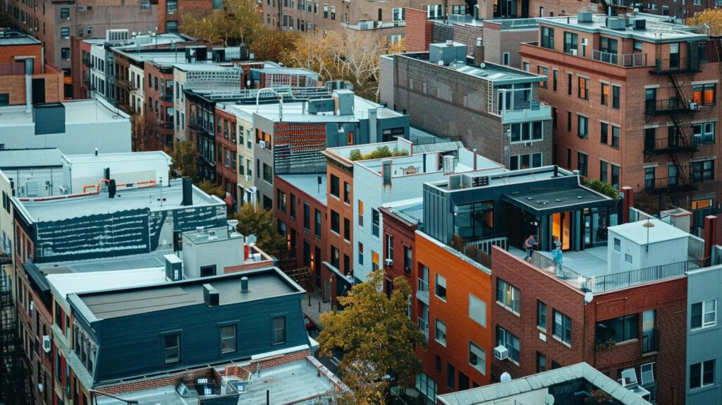 a modern brooklyn street showcases a diverse array of stylish rooftops, highlighting durable, energy-efficient designs against an urban backdrop, with eye-catching architectural features that reflect the neighborhood's character.