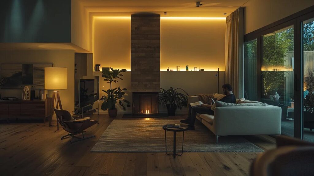 a polished, modern living room in kew gardens features a stylish chimney with a professional inspector examining its structure, illuminated by warm, inviting lighting that highlights the importance of safety in home maintenance.