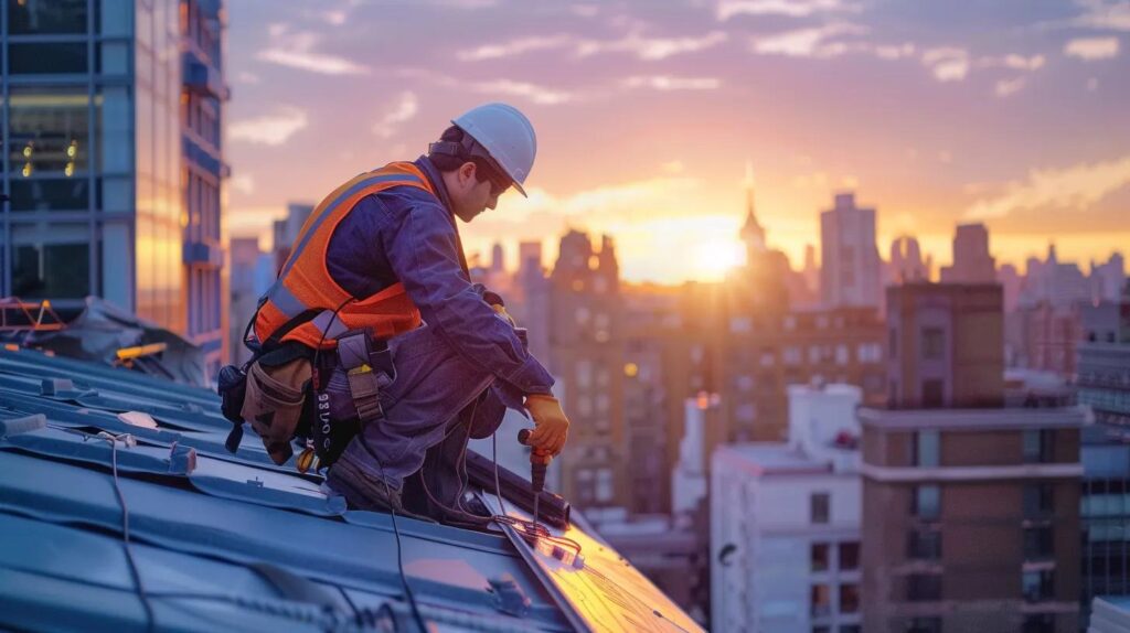 a professional roofer efficiently addresses urgent repairs on a commercial building's rooftop in a bustling urban environment, showcasing the urgency and reliability of emergency roofing solutions.