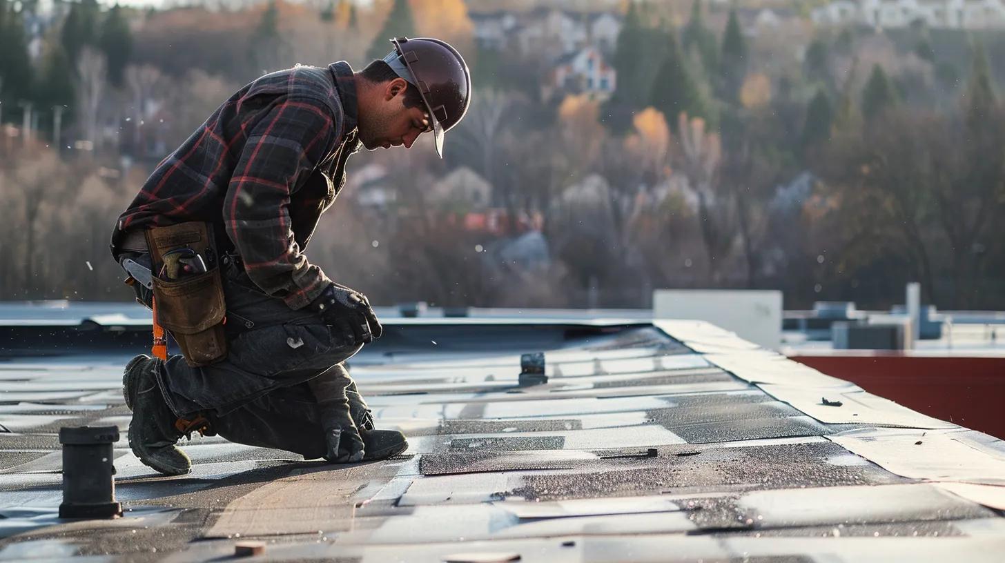 a professional roofer inspects a commercial building's flat roof in white plains, surrounded by essential repair tools and materials, highlighting the importance of quality maintenance in urban property management.
