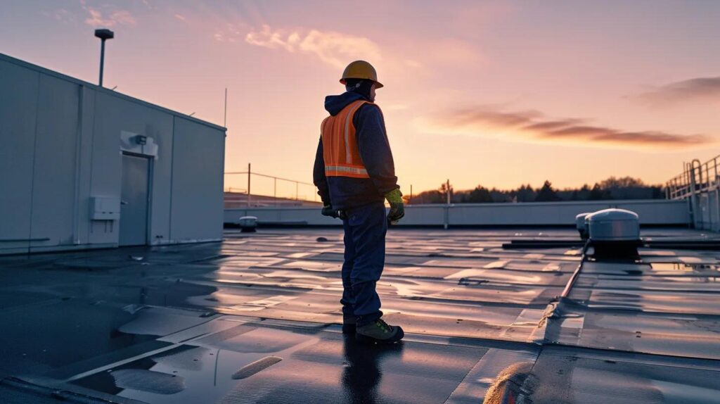 a skilled technician inspects a freshly repaired roof atop a modern white plains commercial building, showcasing resilience and expert craftsmanship under the bright glow of overhead lights.