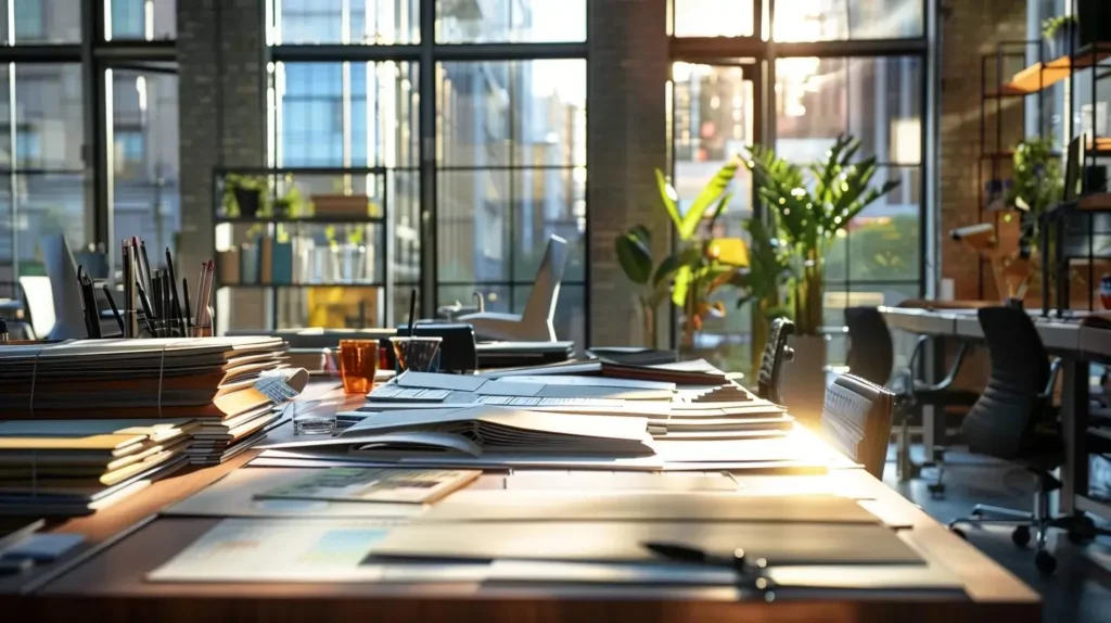 a sleek, modern office setting displays a large table covered with various commercial roofing materials, color samples, and design schematics, reflecting an analytical atmosphere for brooklyn construction projects.