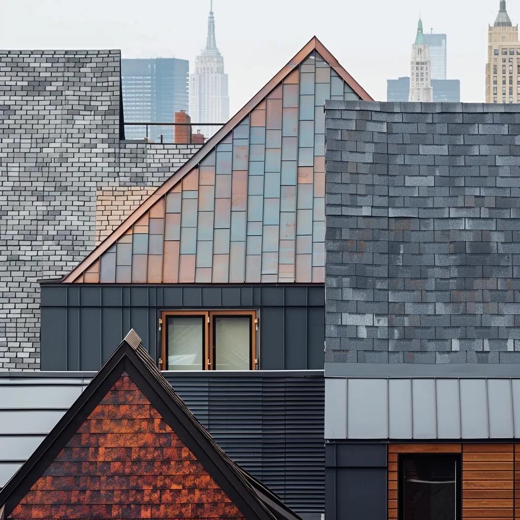 Close-up of asphalt shingles and metal roofing panels with a Brooklyn skyline in the background, emphasizing quality and value