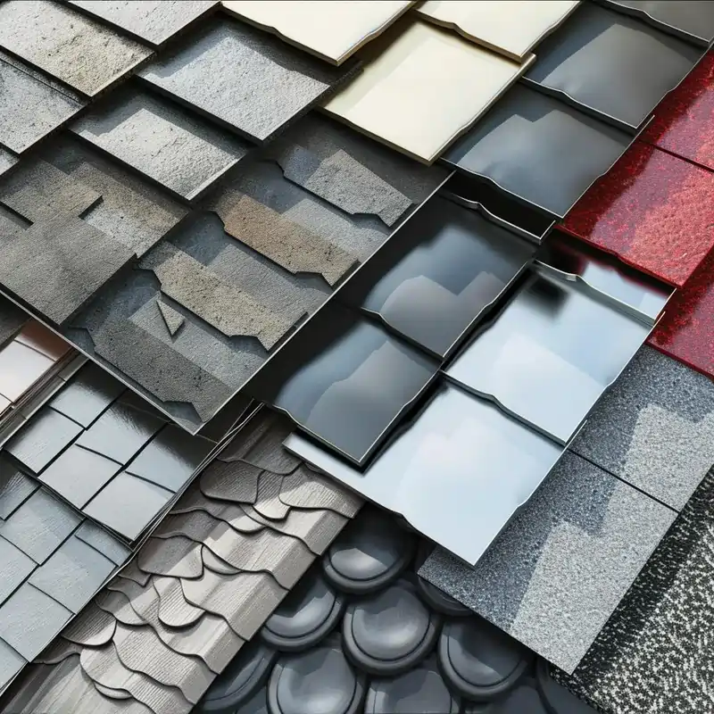 Diverse roofing materials including asphalt shingles, metal panels, and flat membranes for roof repair