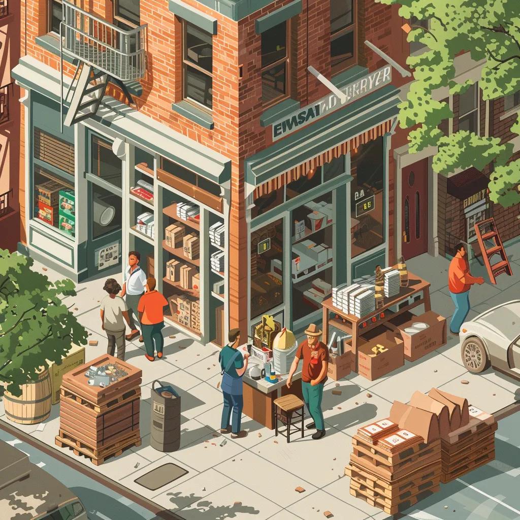 Local roofing supply store in Brooklyn with customers browsing materials, showcasing community engagement and trust