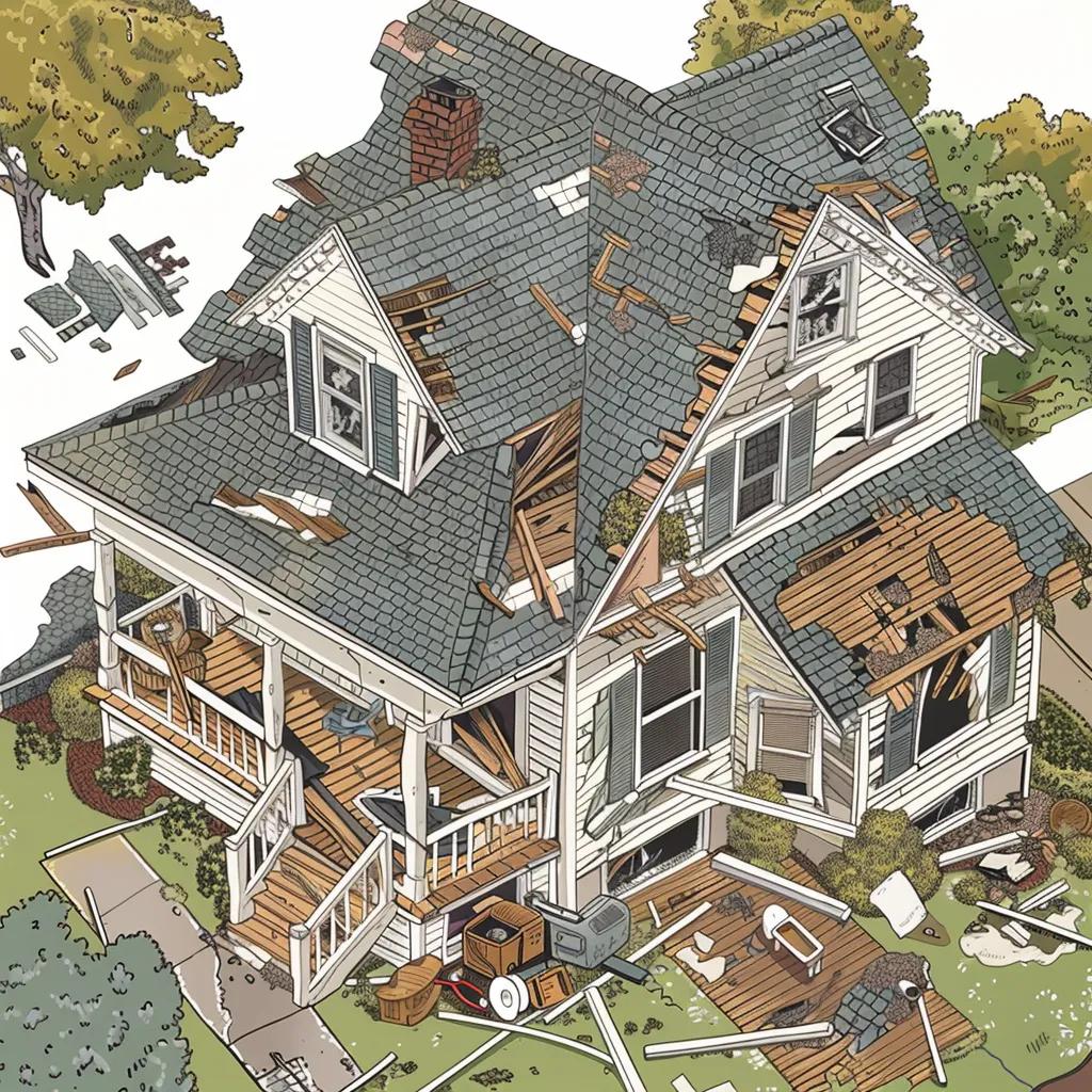 Common roof problems including curling shingles and water stains, highlighting issues faced by homeowners