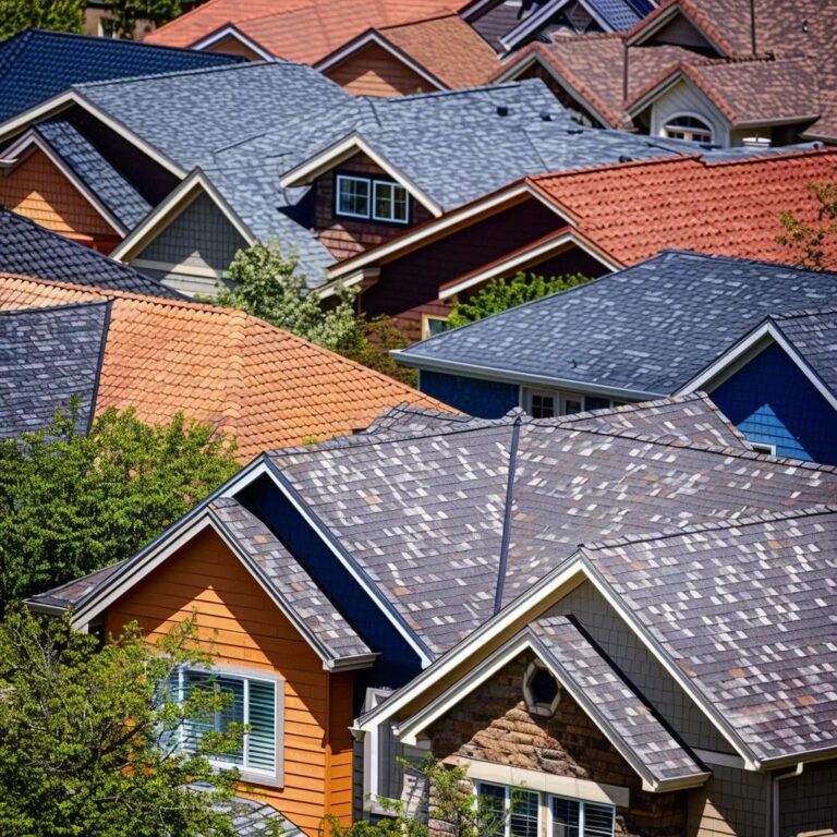 Diverse residential roofing materials including asphalt shingles, metal panels, and tile roofs in a suburban setting