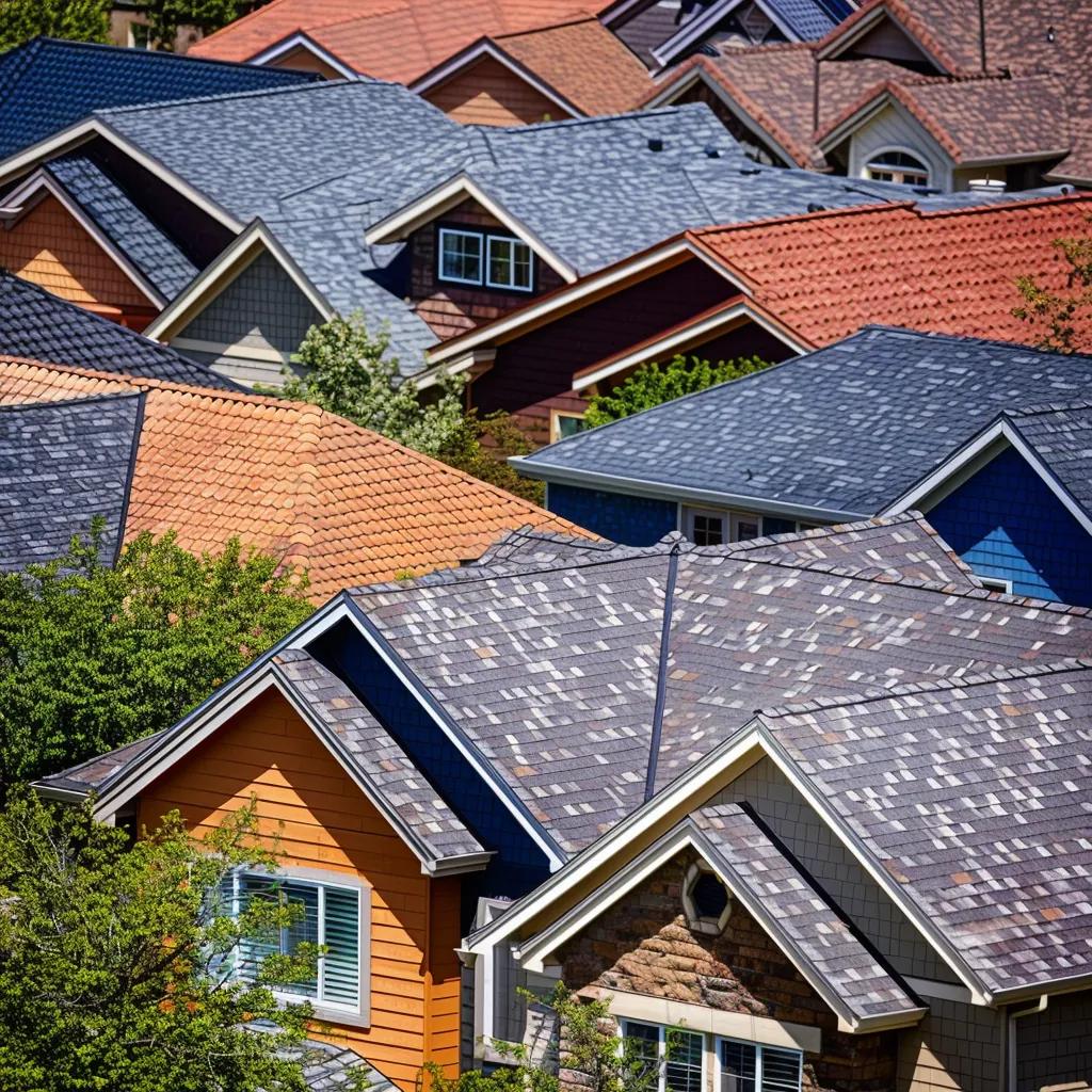 Diverse residential roofing materials including asphalt shingles, metal panels, and tile roofs in a suburban setting