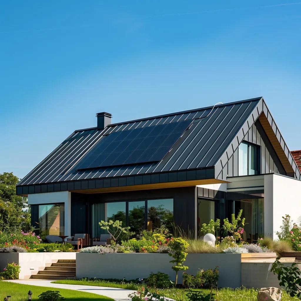 Modern home featuring a durable metal roof with solar panels, emphasizing energy efficiency