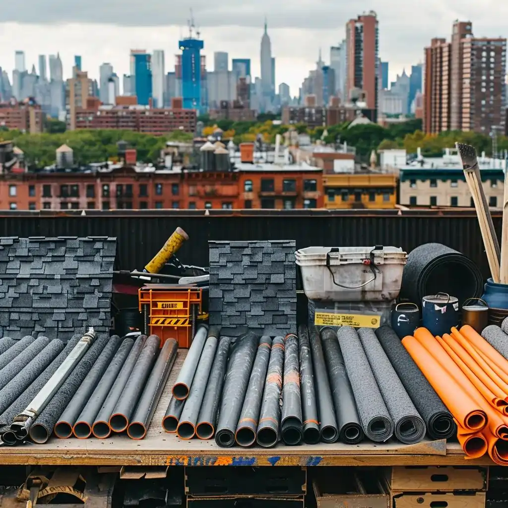 Variety of roofing materials including asphalt shingles and EPDM membranes on a workbench with Brooklyn skyline